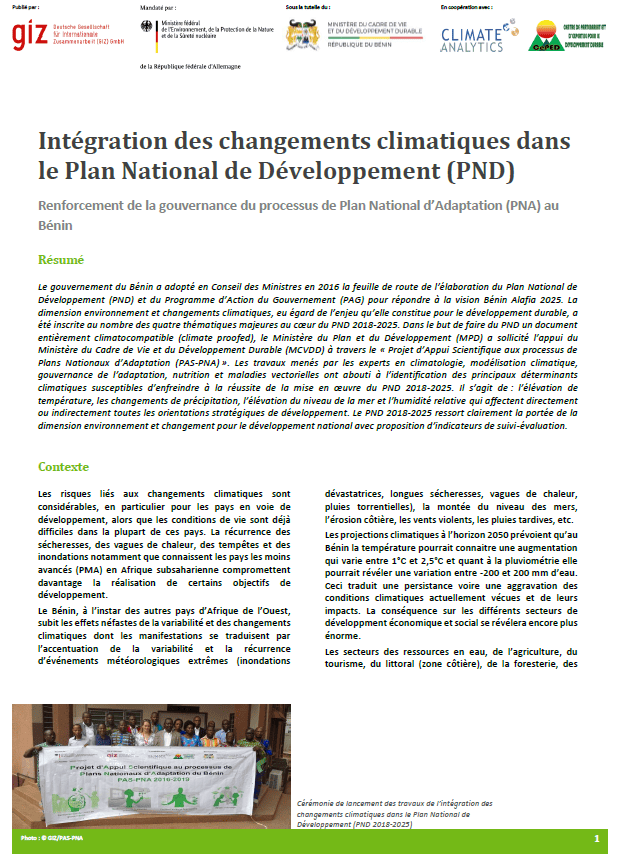 Factsheet Intégration CC au PND Benin