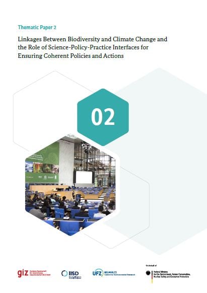 Titlepage of Thematic Paper 2 "Linkages Between Biodiversity and Climate Change and the Role of Science-Policy-Practice Interfaces for Ensuring Coherent Policies and Actions". In the middle of the page is a hexagonal shape depicting a conference room.