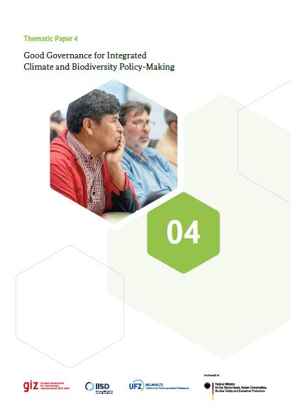 Titlepage of Thematic Paper 4 “Good Governance for Integrated Climate and Biodiversity Policy-Making". In the middle of the page is a hexagonal shape depicting a man in profile view.