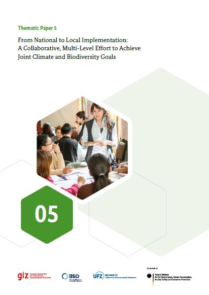 Titlepage of Thematic Paper 5 “From National to Local Implementation: A Collaborative, Multi-Level Effort to Achieve Joint Climate and Biodiversity Goals". In the middle of the page is a hexagonal shape depicting a woman who explains something to a group.