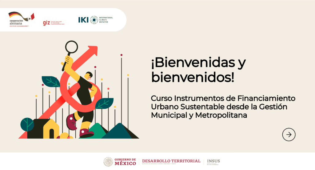 Opening slide for the course on Sustainable Urban Financing in Spanish. Features the name of the course, "Sustainable Urban Financing Instruments for Municipal and Metropolitan Management", logos of Partners and an illustration of a woman walking around a city with a magnifying glass in her hand.