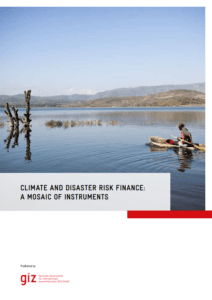 Climate and Disaster Risk Finance: A Mosaic of Instruments. First page of study showing a photo of a man in a boat on a river.