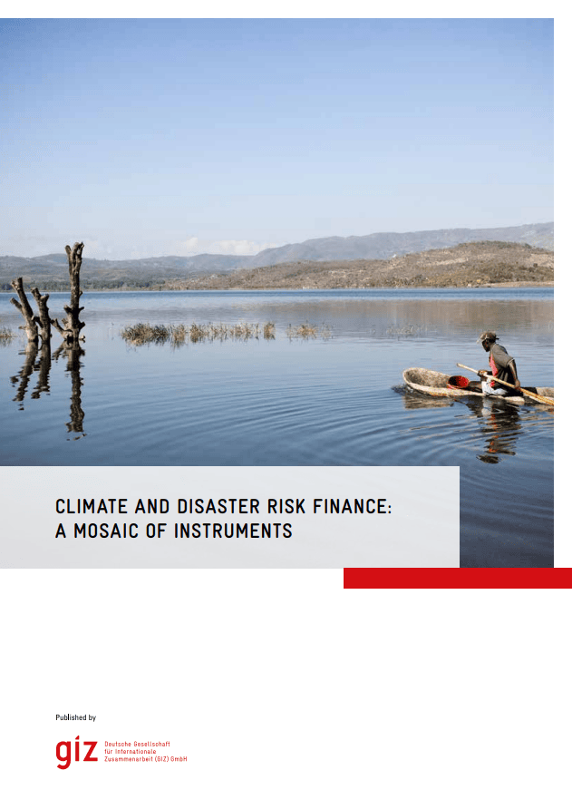 Climate and Disaster Risk Finance: A Mosaic of Instruments. First page of study showing a photo of a man in a boat on a river.